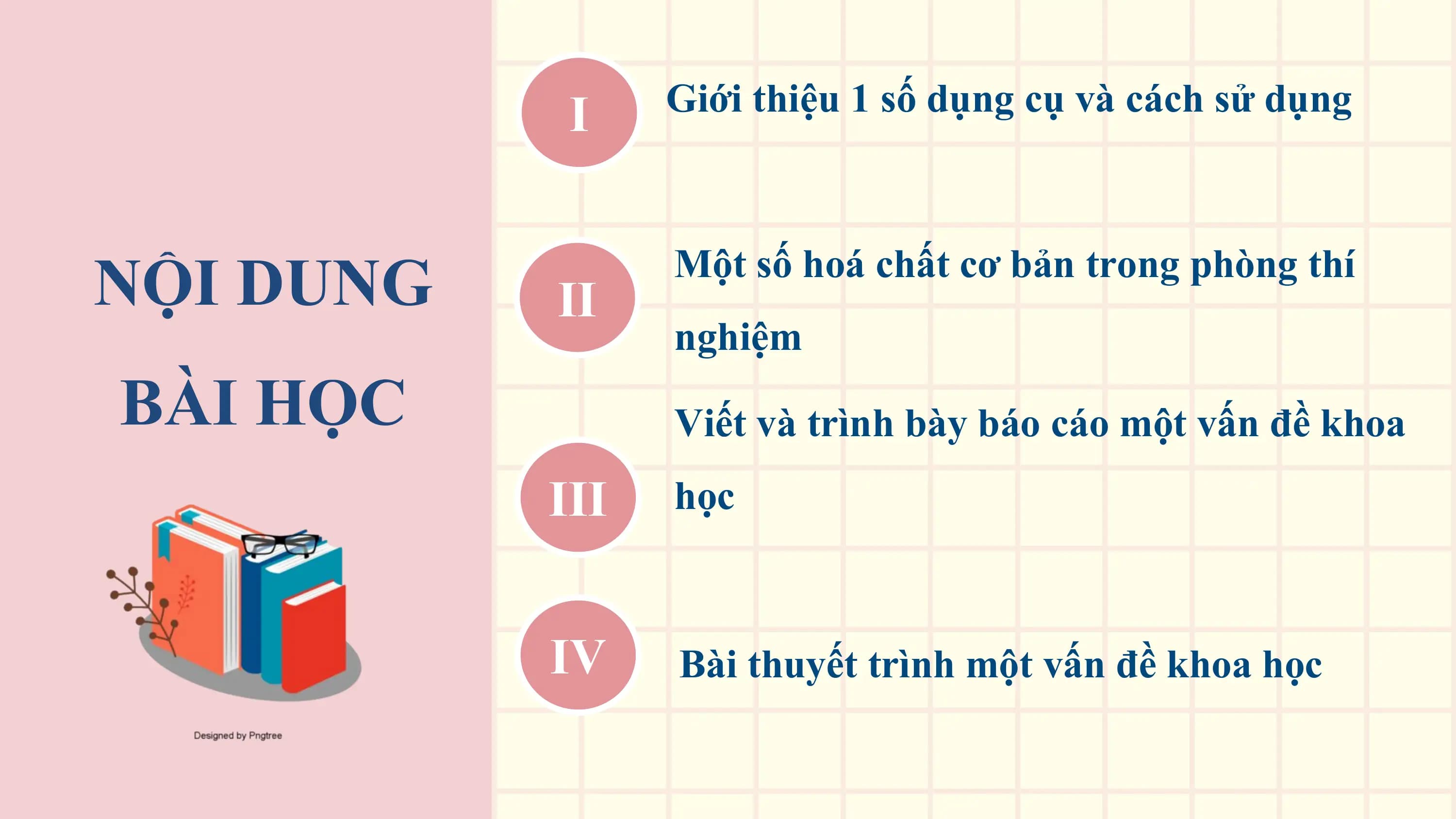 I Giới thiệu 1 số dụng cụ và cách sử dụng

NỘI DUNG II
 Một số hoá chất cơ bản trong phòng thí
 nghiệm
BÀI HỌC Viết và trình bày báo cáo một vấn đề khoa
 III học

 IV Bài thuyết trình một vấn đề khoa học