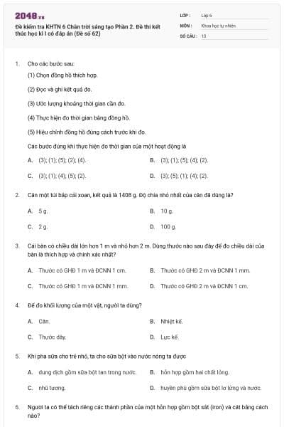Đề kiểm tra KHTN 6 Chân trời sáng tạo Phần 2. Đề thi kết thúc học kì I có đáp án (Đề số 62)