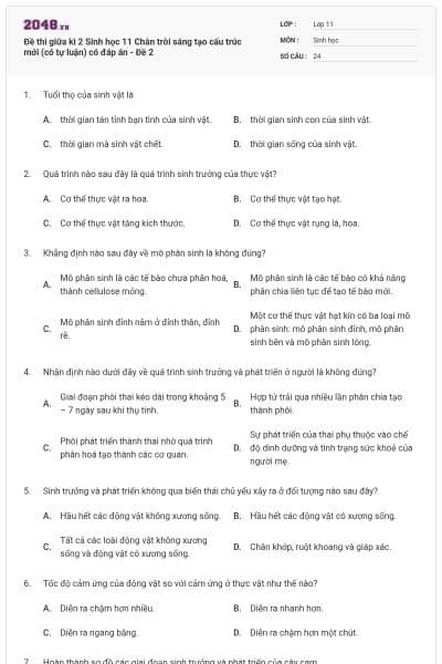 Đề thi giữa kì 2 Sinh học 11 Chân trời sáng tạo cấu trúc mới (có tự luận) có đáp án - Đề 2