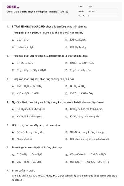Đề thi Giữa kì II Hóa học 8 có đáp án (Mới nhất) (Đề 12)