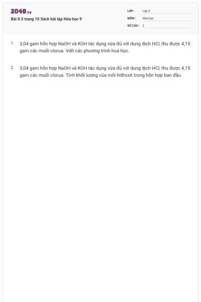 Bài 8.5 trang 10 Sách bài tập Hóa học 9