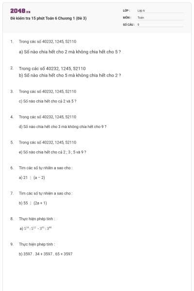 Đề kiểm tra 15 phút Toán 6 Chương 1 (Đề 3)