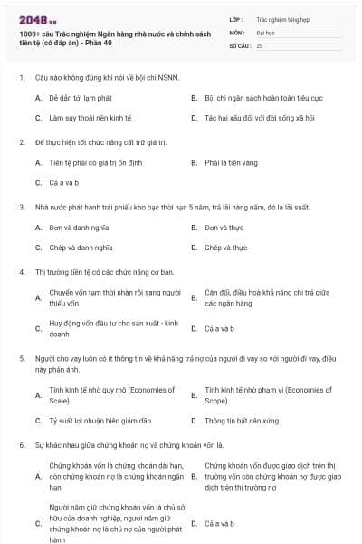 1000+ câu Trắc nghiệm Ngân hàng nhà nước và chính sách tiền tệ (có đáp án) - Phần 40