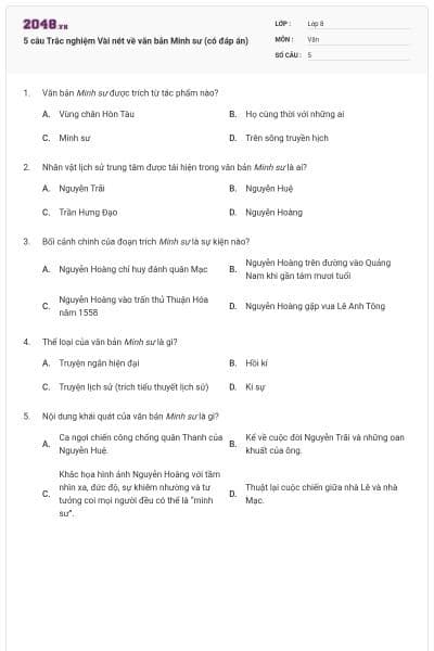 5 câu Trắc nghiệm Vài nét về văn bản Minh sư (có đáp án)
