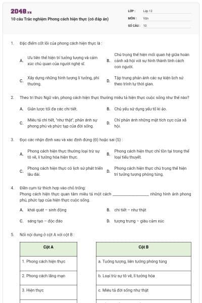 10 câu Trắc nghiệm Phong cách hiện thực (có đáp án)