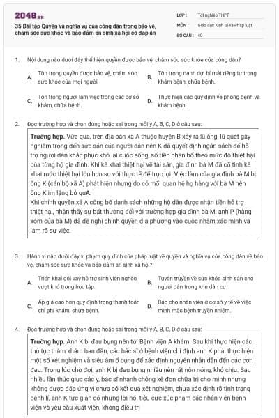 35 Bài tập Quyền và nghĩa vụ của công dân trong bảo vệ, chăm sóc sức khỏe và bảo đảm an sinh xã hội có đáp án