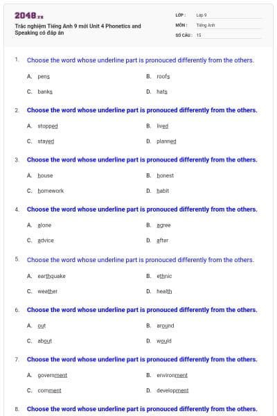 Trắc nghiệm Tiếng Anh 9 mới Unit 4 Phonetics and Speaking có đáp án