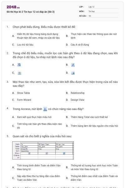 Đề thi Học kì 2 Tin học 12 có đáp án (Đề 3)