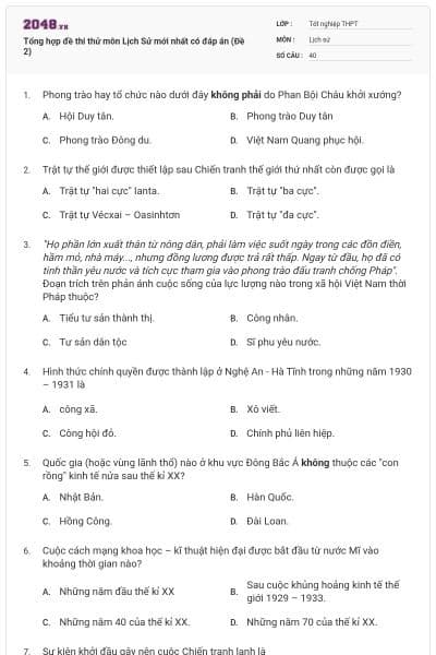 Tổng hợp đề thi thử môn Lịch Sử mới nhất có đáp án (Đề 2)