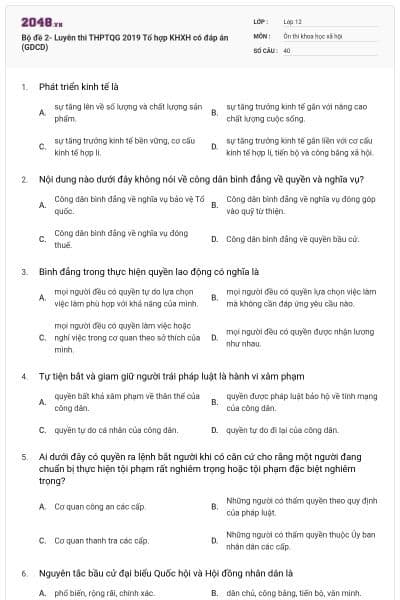 Bộ đề 2- Luyên thi THPTQG 2019 Tổ hợp KHXH có đáp án (GDCD)