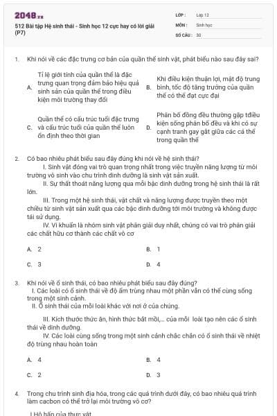512 Bài tập Hệ sinh thái - Sinh học 12 cực hay có lời giải (P7)