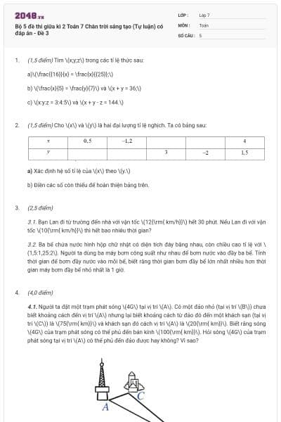 Bộ 5 đề thi giữa kì 2 Toán 7 Chân trời sáng tạo (Tự luận) có đáp án - Đề 3