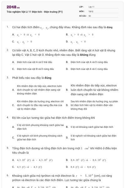 Trắc nghiệm Vật Lí 11 Điện tích - Điện trường (P1)