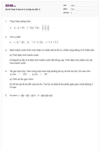 Đề thi Toán 6 Học kì 2 có đáp án (Đề 1)