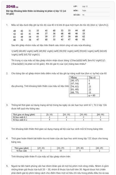Bài tập Khoảng biến thiên và khoảng tứ phân vị lớp 12 (có lời giải)