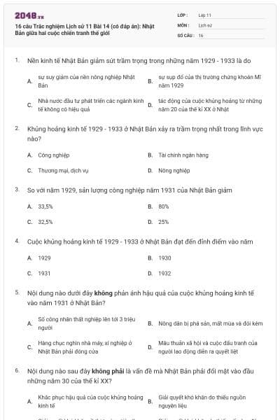 16 câu Trắc nghiệm Lịch sử 11 Bài 14 (có đáp án): Nhật Bản giữa hai cuộc chiến tranh thế giới