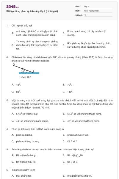 Bài tập về sự phản xạ ánh sáng lớp 7 (có lời giải)