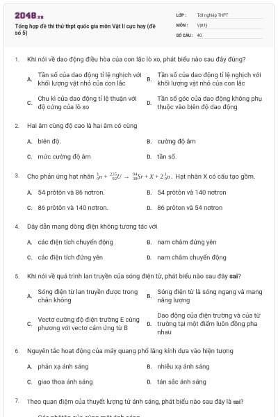 Tổng hợp đề thi thử thpt quốc gia môn Vật lí cực hay (đề số 5)