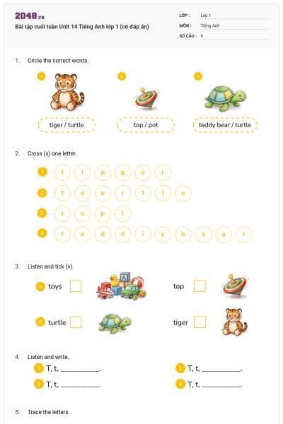 Bài tập cuối tuần Unit 14 Tiếng Anh lớp 1 (có đáp án)