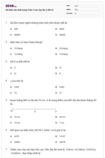 Đề kháo sát chất lượng Toán 3 cực hay lần 2 (Đề 5)