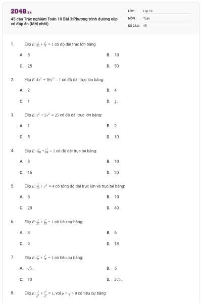 45 câu  Trắc nghiệm Toán 10 Bài 3:Phương trình đường elip có đáp án (Mới nhất)
