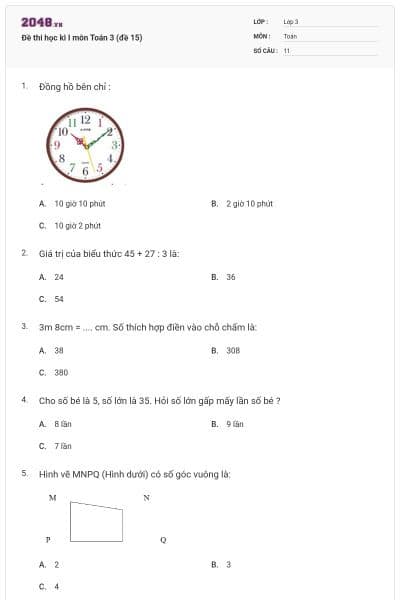 Đề thi học kì I môn Toán 3 (đề 15)