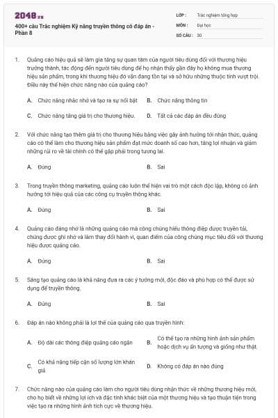400+ câu Trắc nghiệm Kỹ năng truyền thông có đáp án - Phần 8