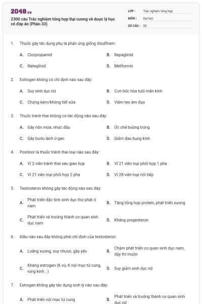 2300 câu Trắc nghiệm tổng hợp Đại cương về dược lý học có đáp án (Phần 33)