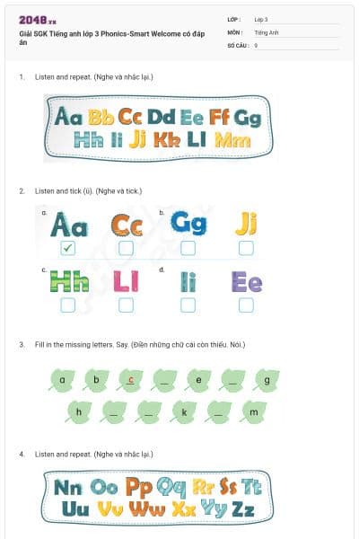 Giải SGK Tiếng anh lớp 3 Phonics-Smart Welcome có đáp án