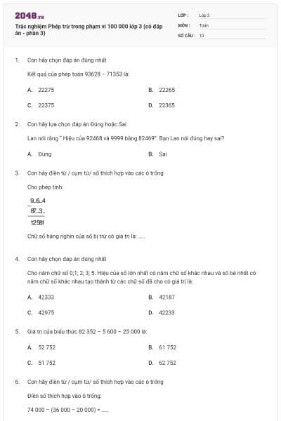 Trắc nghiệm Phép trừ trong phạm vi 100 000 lớp 3 (có đáp án - phần 3)