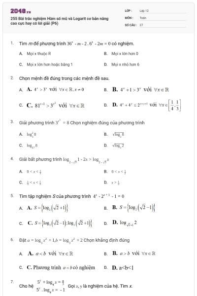 255 Bài trắc nghiệm Hàm số mũ và Logarit cơ bản nâng cao cực hay có lời giải (P6)