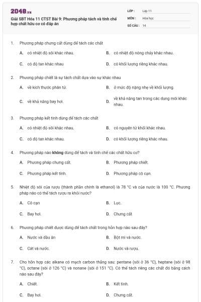 Giải SBT Hóa 11 CTST Bài 9: Phương pháp tách và tinh chế hợp chất hữu cơ có đáp án