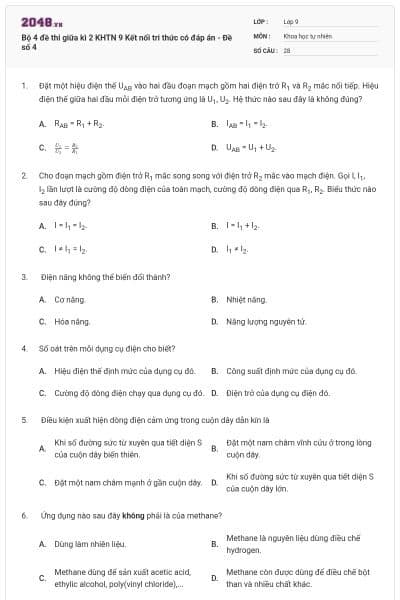 Bộ 4 đề thi giữa kì 2 KHTN 9 Kết nối tri thức có đáp án - Đề số 4