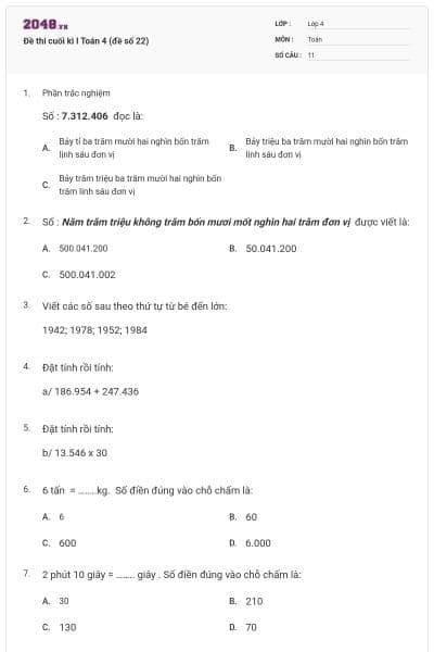 Đề thi cuối kì I Toán 4 (đề số 22)