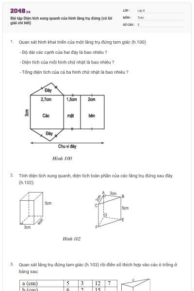 Bài tập Diện tích xung quanh của hình lăng trụ đứng (có lời giải chi tiết)