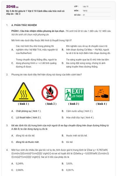 Bộ 3 đề thi giữa kì 1 Vật lí 10 Cánh diều cấu trúc mới có đáp án - Đề 3