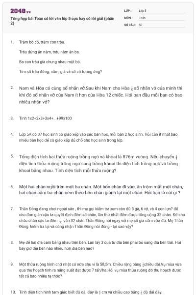 Tổng hợp bài Toán có lời văn lớp 5 cực hay có lời giải (phần 2)