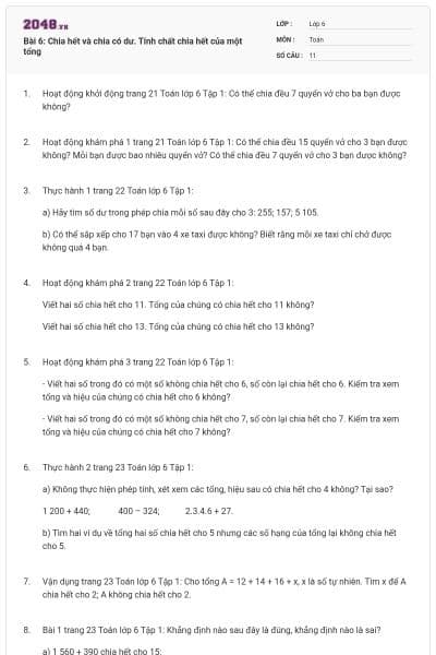 Bài 6: Chia hết và chia có dư. Tính chất chia hết của một tổng