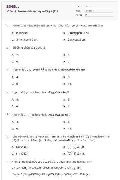 50 Bài tập Anken cơ bản cực hay có lời giải (P1)
