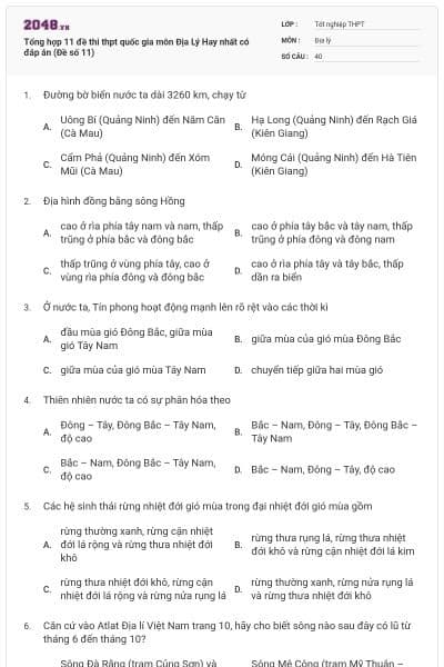 Tổng hợp 11 đề thi thpt quốc gia môn Địa Lý Hay nhất có đáp án (Đề số 11)