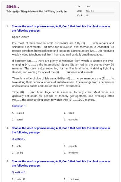 Trắc nghiệm Tiếng Anh 9 mới Unit 10 Writing có đáp án
