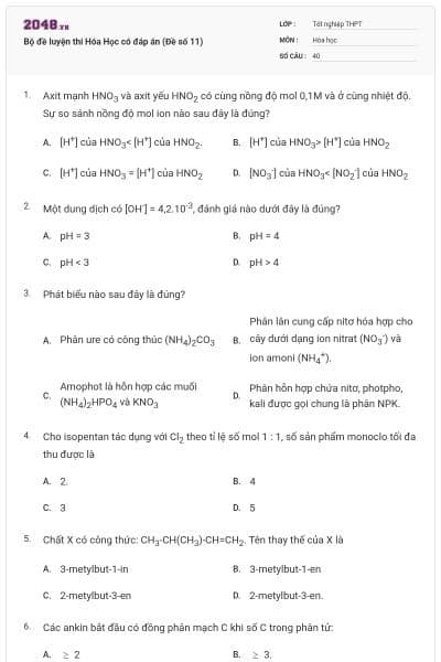 Bộ đề luyện thi Hóa Học có đáp án (Đề số 11)