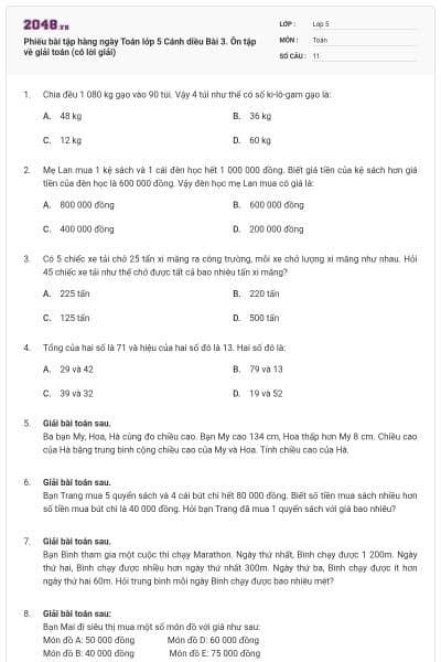 Phiếu bài tập hàng ngày Toán lớp 5 Cánh diều Bài 3. Ôn tập về giải toán (có lời giải)