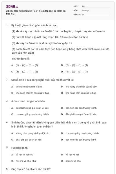 30 câu  Trắc nghiệm Sinh Học 11 (có đáp án): Đề kiểm tra học kì 2