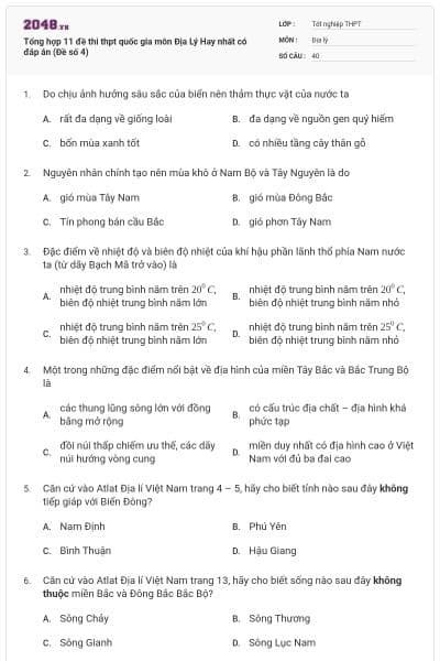 Tổng hợp 11 đề thi thpt quốc gia môn Địa Lý Hay nhất có đáp án (Đề số 4)