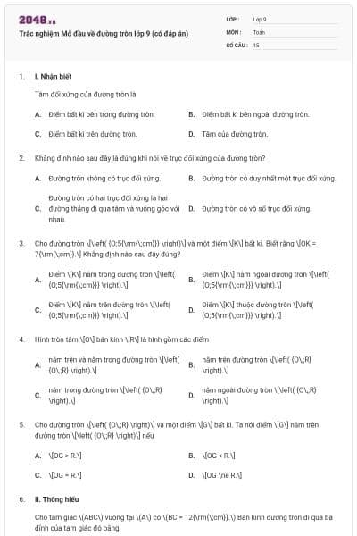 Trắc nghiệm Mở đầu về đường tròn lớp 9 (có đáp án)