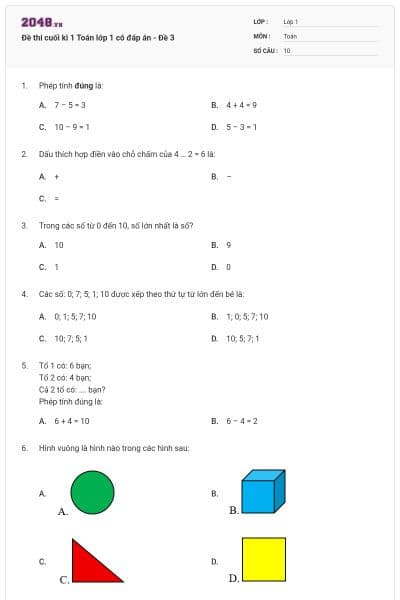 Đề thi cuối kì 1 Toán lớp 1 có đáp án - Đề 3