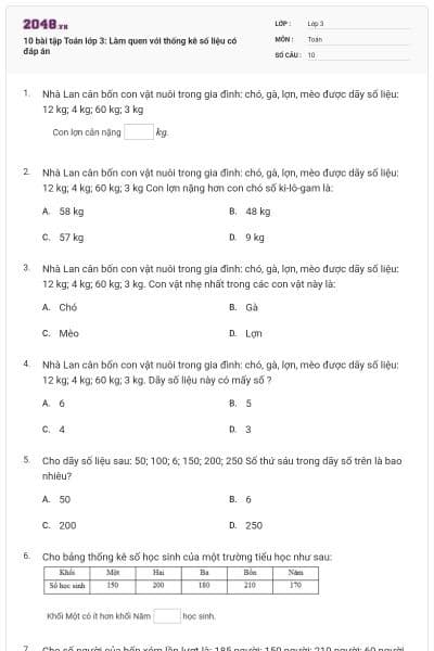 10 bài tập Toán lớp 3: Làm quen với thống kê số liệu có đáp án