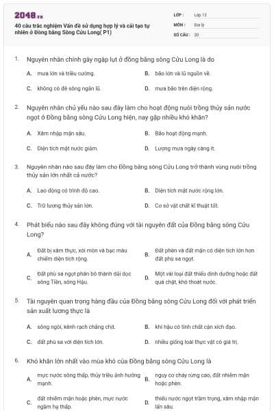 40 câu trắc nghiệm Vấn đề sử dụng hợp lý và cải tạo tự nhiên ở Đồng bằng Sông Cửu Long( P1)