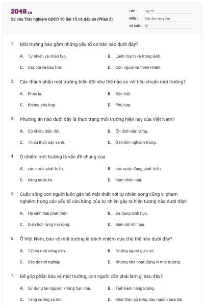 22 câu Trắc nghiệm GDCD 10 Bài 15 có đáp án (Phần 2)